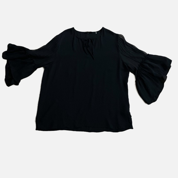 Kobi Halperin Silk Blouse Top Size XL Black Sheer Bell sleeves Popover Witchy - Picture 10 of 12